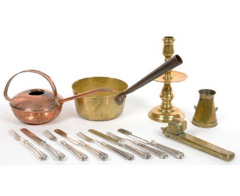 A PERSIAN BRASS SCRIBE'S BOX, 21CM L, 19TH C, A BRASS HEEMSKERK CANDLESTICK, A VICTORIAN BRASS SAUCEPAN WITH IRON HANDLE, A C