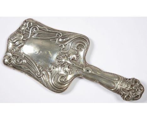 AN EDWARD VII ART NOUVEAU SILVER HAND MIRROR, 26 CM L, BIRMINGHAM 1903, LACKS GLASS 