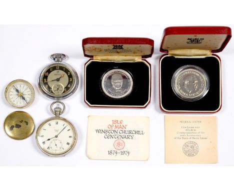 TWO COMMEMORATIVE SILVER CROWNS, ISLE OF MAN AND SIERRA LEONE 1974, CASED, A BRASS POCKET COMPASS AND TWO KEYLESS LEVER WATCH