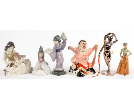 SIX NAO, LLADRO AND OTHER FIGURES AND A CARDEW STUDIO POTTERY 'QUEEN OF HEARTS' NOVELTY TEAPOT AND COVER, VARIOUS SIZES 