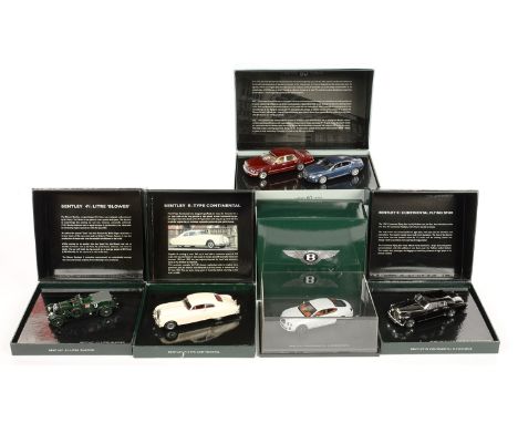 FOUR BENTLEY MOTORS UK BOXED DIE CAST MODELS OF VINTAGE BENTLEY MOTOR CARS AND ANOTHER CONTAINING TWO VEHICLES COMMEMORATING 