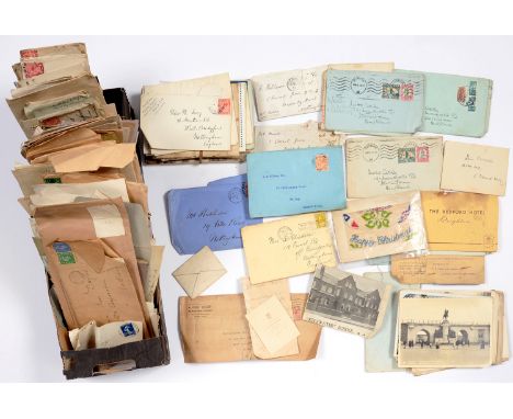 POSTAL HISTORY. A BOX OF POSTCARDS, LETTERS AND COVERS WITH BRITISH, AUSTRALIAN AND FOREIGN ADHESIVES AND POSTAL MARKINGS, FI