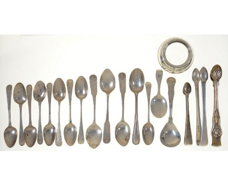 MISCELLANEOUS SILVER FLATWARE AND A SILVER MOUNTED POT, VICTORIAN AND LATER, 11OZS 4DWTS WEIGHABLE 