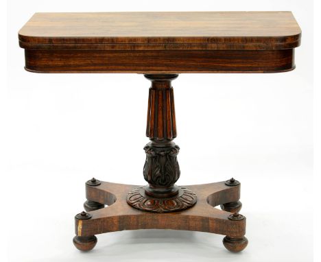 A VICTORIAN ROSEWOOD CARD TABLE ON CARVED PEDESTAL BASE, 76CM H X 91CM W 