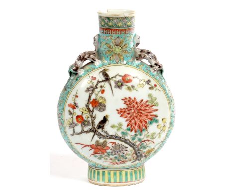 A CANTON TURQUOISE GROUND MOON FLASK WITH CHILONG HANDLES AND PAINTED TO EITHER SIDE WITH BIRDS IN BRANCHES, 20CM H, 19TH C, 