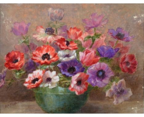 BRITISH SCHOOL, 20TH CENTURY, SUNLIGHT AND SHADOWS, OIL SKETCH ON BOARD, 34.5 X 44.5CM AND MRS R A FOSTER, A BOWL OF ANEMONES