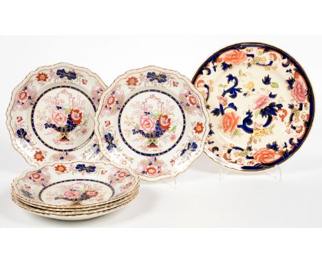 A SET OF SIX G L ASHWORTH AND BROTHERS LATE MASON'S GADROONED IRONSTONE PLATES IN A JAPAN PATTERN, 22.5CM D, PRINTED MARK AND