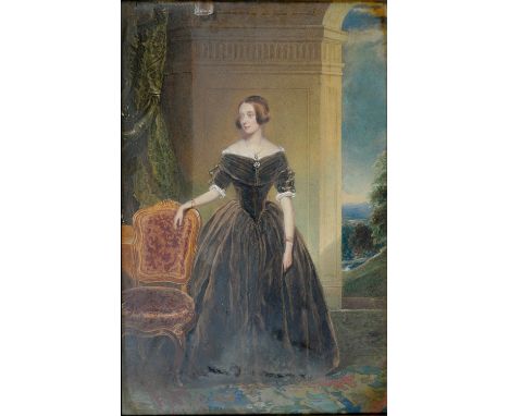 19TH C SCHOOL, FULL LENGTH PORTRAIT OF A LADY, WATERCOLOUR, 58 X 38CM 