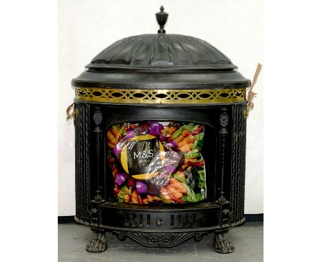 A VINTAGE BLACK PAINTED METAL ELECTRIC FIRE ON PAW FEET, IN AN EARLY VICTORIAN STYLE, 85CM H X 65CM W, SOLD AS A COLLECTOR'S 