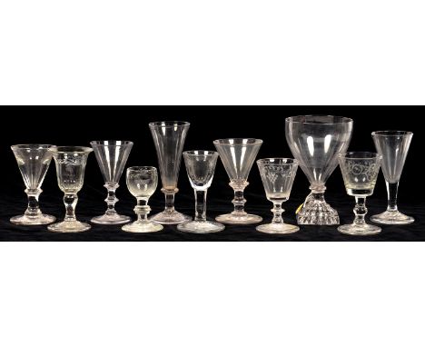 ELEVEN VARIOUS DRINKING GLASSES, LATE 18TH - EARLY 19TH C, SEVERAL ON FOLDED FOOT, THE LOT TO INCLUDE AN ALE GLASS AND RUMMER