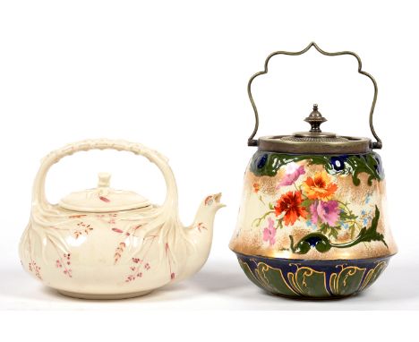 A BELLEEK GRASS KETTLE AND COVER, 14CM H, FIRST PERIOD BLACK PRINTED MARK, C1863-90, SPOUT CHIPPED AND AN EPNS MOUNTED ROYAL 