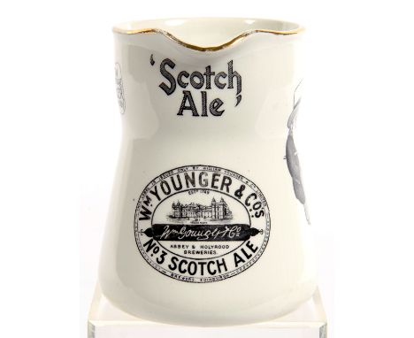 BREWERYANA. A ROYAL DOULTON BLACK PRINTED EARTHENWARE PUB JUG FOR WIM YOUNGER &amp; CO'S 3 SCOTCH ALE, 11.5CM H, PRINTED MARK