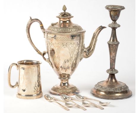 A GEORGE V SILVER TANKARD, GLASS BOTTOM, 10 CM H, BIRMINGHAM 1934 AND MISCELLANEOUS PLATED WARE, INCLUDING CANDLESTICK, COFFE