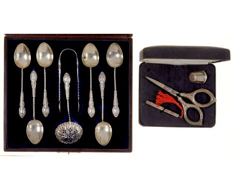 A SET OF SIX VICTORIAN SILVER SPOONS, A PAIR OF SUGAR BOWS AND A SIFTER, BIRMINGHAM 1900, CASED AND AN ELIZABETH II SILVER SE