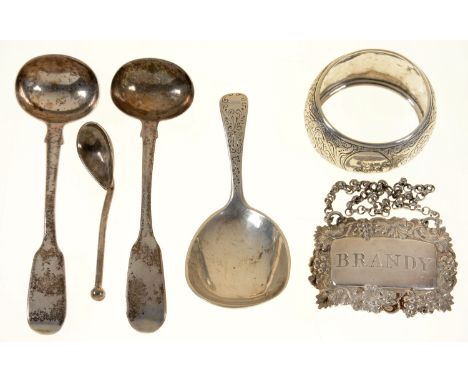 MISCELLANEOUS SILVER ARTICLES, INCLUDING DECANTER LABEL, CADDY SPOON, ETC, VICTORIAN AND LATER, 1OZ 16DWTS (6) 