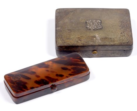 TWO TORTOISESHELL BOXES, ONE APPLIED WITH SILVER MONOGRAM, 12 AND 12.5CM L, BOTH EARLY 20TH C 