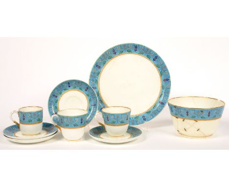 A ROYAL WORCESTER BONE CHINA AESTHETIC PART TEA SERVICE IN THE MANNER OF DR CHRISTOPER DRESSER, WITH ENAMELLED TURQUOISE BORD