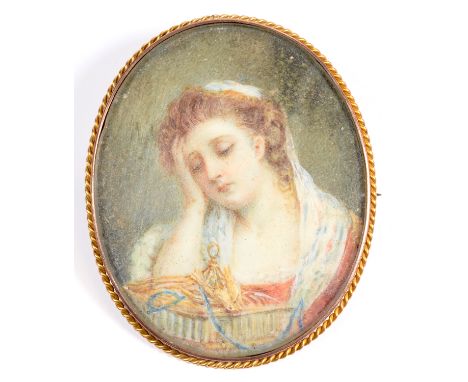 ENGLISH SCHOOL, 19TH C, PORTRAIT MINIATURE OF A DISCONSOLATE YOUNG WOMAN, IVORY, OVAL, 5 X 4CM, SET IN A GOLD BROOCH MARKED 9