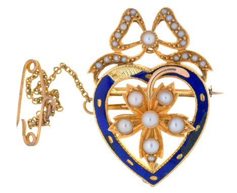 A VICTORIAN SPLIT PEARL AND BLUE GUILLOCHE ENAMEL HEART BROOCH, UNMARKED, 3 CM L APPROX, 6.5G 