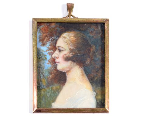 BRITISH SCHOOL, PORTRAIT MINIATURE OF A LADY IN PROFILE BEFORE TREES, IVORY, 6 X 4.5CM, GILTMETAL FRAME 