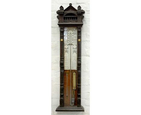 A CARVED OAK ADMIRAL FITZROY BAROMETER, 124CM H 