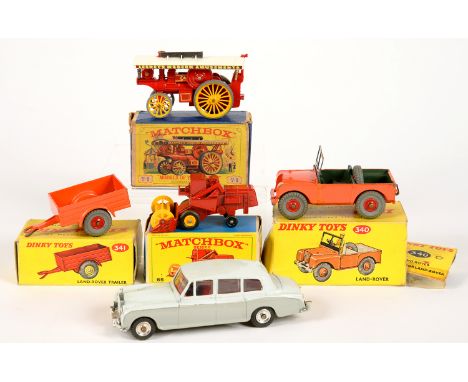 FOUR BOXED DIECAST VEHICLES, COMPRISING DINKY LANDROVER 340 AND LANDROVER TRAILER 341, MATCHBOX SHOWMAN'S ENGINE Y9 AND COMBI