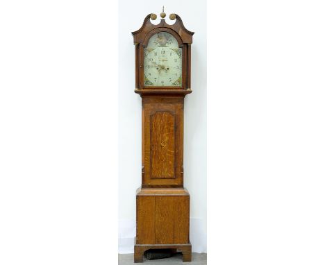 A 19TH C OAK EIGHT DAY LONGCASE CLOCK, THE PAINTED DIAL INSCRIBED BOTH.... BOSTON AND PAINTED WITH FLOWERS, 199CM H X 46CM W 