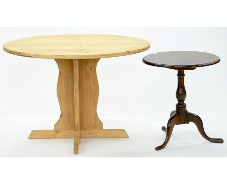 A PINE TABLE ON PEDESTAL BASE WITH CIRCULAR TOP, 74CM H X 110CM D AND A MAHOGANY TRIPOD TABLE, 65CM H 