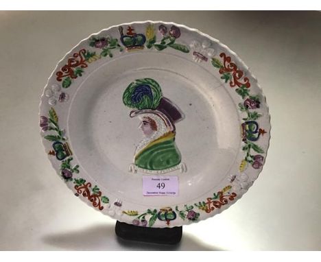 A Scottish pearlware commemorative plate, probably R&amp;G Gordon, Prestonpans, moulded to the well with a named portrait bus