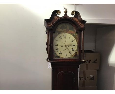 A Scottish mahogany cased longcase clock, early 19th century, Robert Macara, Dunfermline, the painted arch dial decorated wit