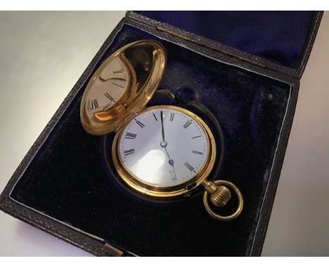 A late Victorian 18ct gold full hunter pocket watch, the three quarter plate keyless wind lever movement signed Edwin Flinn, 