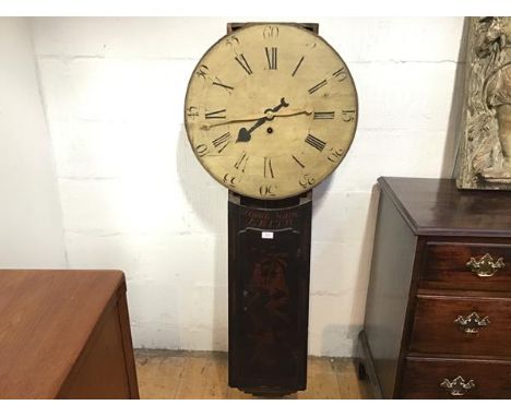 A George III Scottish black japanned tavern clock, late 18th century, the painted 22.5" wooden dial with Roman numerals and A