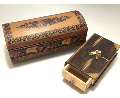 A 19th century Tunbridge Ware dome-top box, the hinged cover decorated with a spray of roses, the body with a floral and foli
