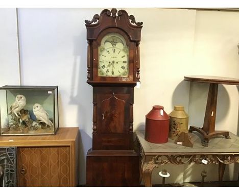 A 19th century Lancashire longcase clock, John Bell, Burnley, the painted arch dial decorated with pink roses in the spandrel