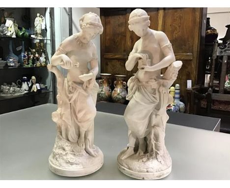 A pair of Minton parian figures of Pandora and Psyche, c. 1850-70, after designs by A. Carrier-Belleuse, the first opening a 