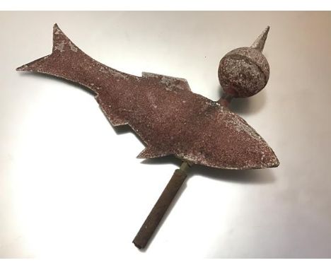 A late 19th century iron and metal fish-form weather vane, with pointed sphere terminal. Length 42cm
