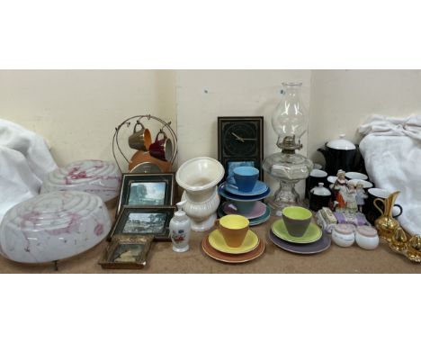 A Yardley soap dish together with glass lamp shades, part tea sets etc