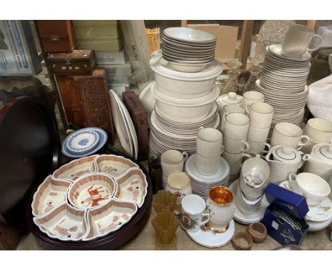 A Poole pottery part dinner set together with commemorative wares, walking stick, brass wares etc