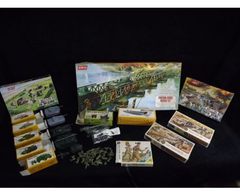 Quantity of Great British Airfix Military related HO-OO Scale Model Kits. Pontoon Bridge Assault Set, appears mostly complete