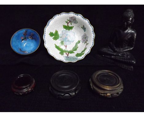 2 x Chinese Cloisonne Bowls with 3 x small Wooden Stands and Tibetan style Buddha carved wooden tree trunk section. There are