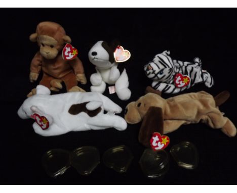 5 x U.S.A. Ty Warner Beanie Babies - 'Butch' China 1999 P.E. Pellets, 'Bones' China 1993 P.E. Pellets, 'Bruno' Indonesia 1997