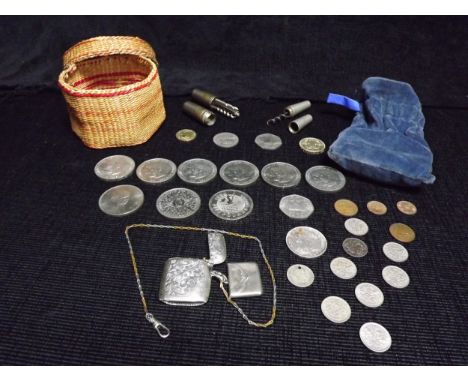 .925 Sterling Silver &amp; Coin collection with 2 x miniature tool kits. Silver stamped Vesta case &amp; Stamp Case on a whit