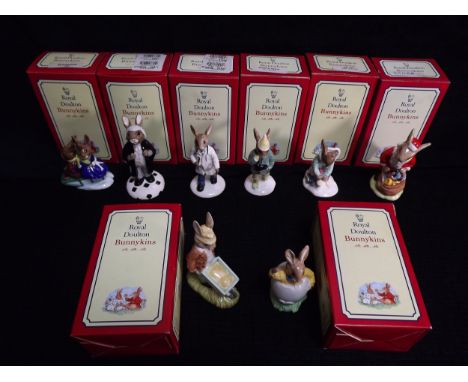 8 x GB Royal Doulton Bunnykins Figures. DB4 Billy &amp; Bunty Sleighride, DB214 Lawyer(1999 Collectors Club), DB181 Doctor, D