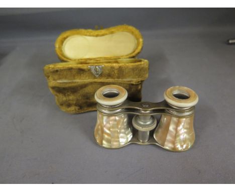 A pair of mother of pearl Opera glasses in a velveteen evening bag with glass section below