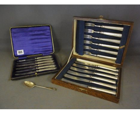 A set of silver handled knife and forks - boxed, a set of silver handled knives and a silver bowling spoon