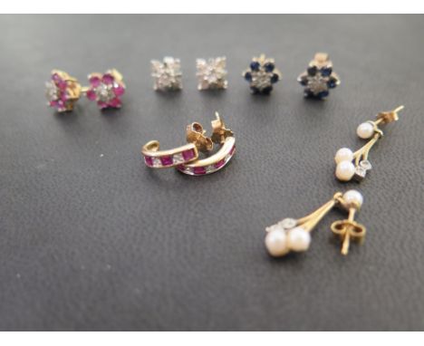 Five pairs of gem-set earrings - To include ruby, diamond, sapphire and seed pearl - All with marks indicating 9ct gold - Tot