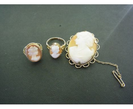 A shell cameo brooch - Stamped 12ct RG - Together with two shell cameo rings - With marks indicating 9ct gold - Ring sizes P 