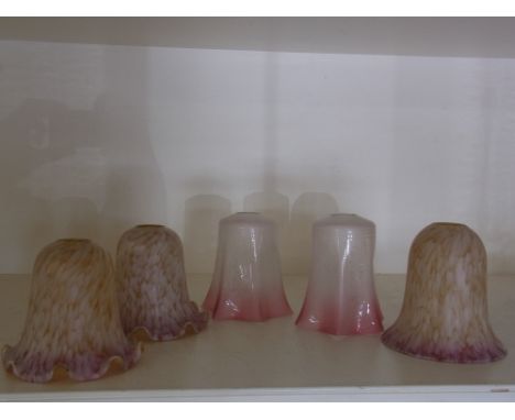 A pair of Cranberry tinted lamp shades - Height 14 cm, a pair of marbled shades - Height 13 cm and a single shade
Condition r