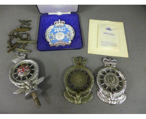 Four car badges - The Royal Automobile Club, one double sided badge with Edward VII in the centre and two single sided badges