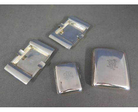 Two silver ash trays, a silver cigarette case and a silver match case total silver weight approx 7 troy oz - general wear to 